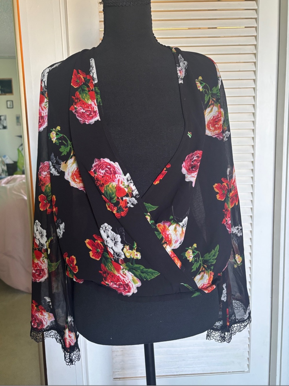 Tobi Black Floral Wrap Blouse